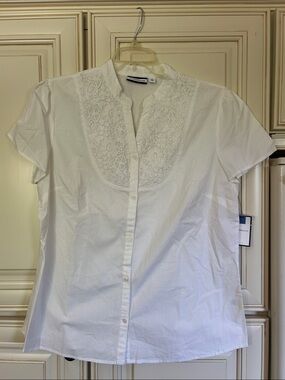 croft & barrow White Lace-Yoke Button Front Top